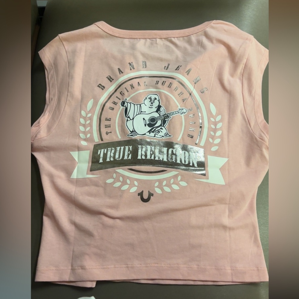 True Religion Light Pink Graphic Logo crop tank